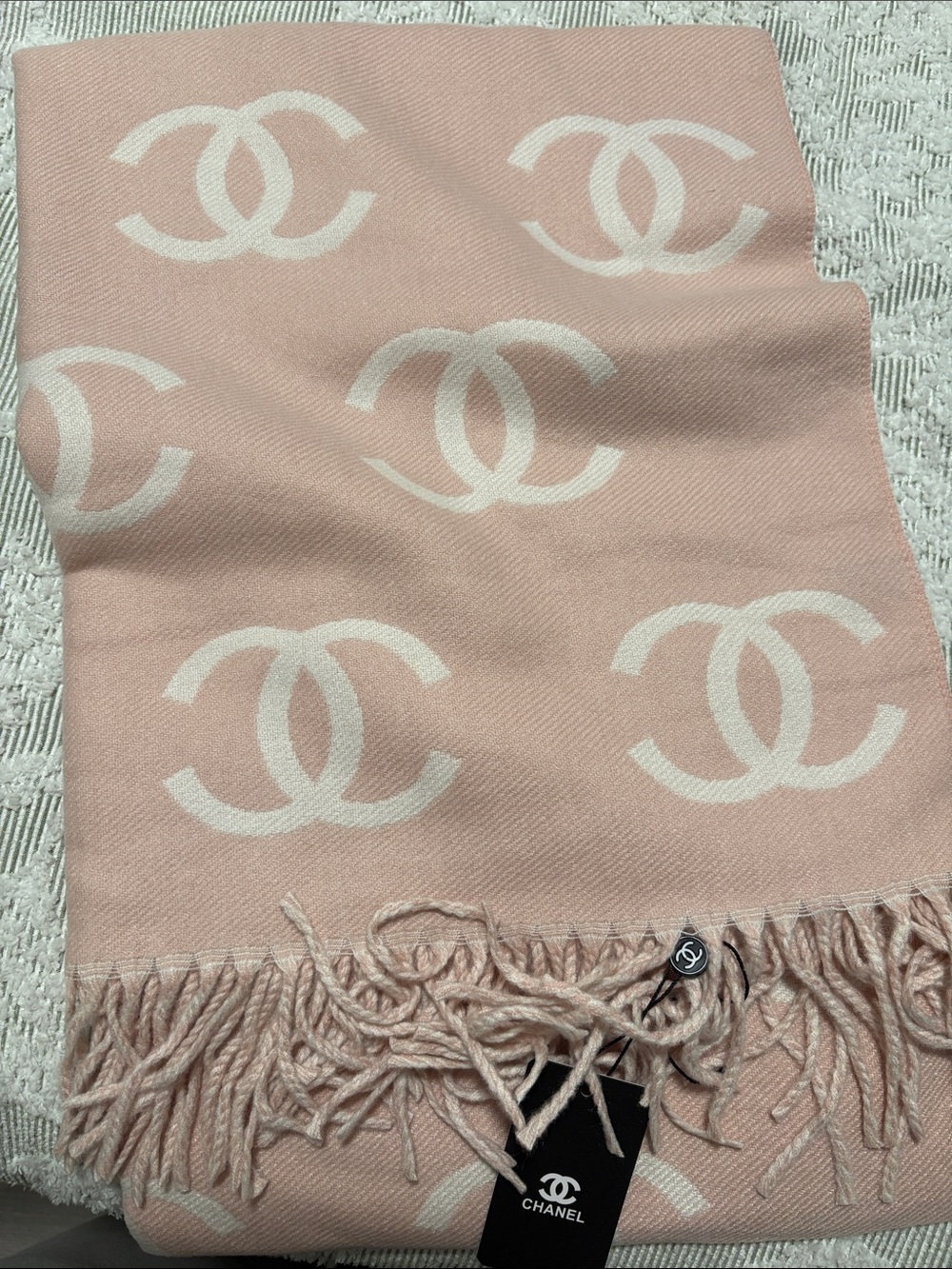 Pale Pink Logo Jacquard Fringe Scarf